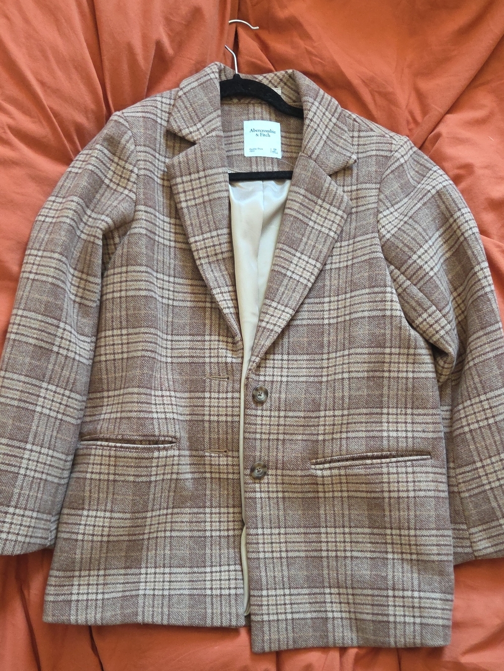 Abercrombie & Fitch Womens Tan and Cream Plaid Pea Coat